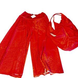 Modaposa 2-Pcs Wide‎ Leg Pants Smocked Waist & Matching Beach Bag Orange Boho